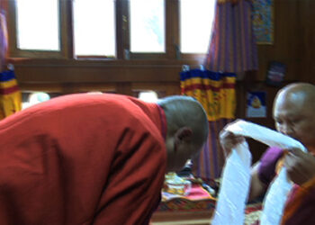 Dorji Lopen confers tashi lekdhar to the new Lam of Lungchutse temple in Thimphu