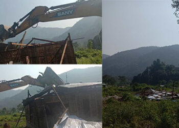 Local leaders demolish a house built on state land, Yangbari in Monggar