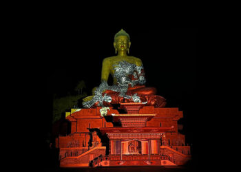 Buddha Statue comes alive with Gerry Hofstetter’s light display