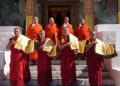 His Holiness the Je Khenpo confers Lekdhar to Chief of Mask Dances and three Lams