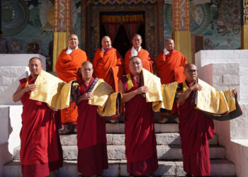 His Holiness the Je Khenpo confers Lekdhar to Chief of Mask Dances and three Lams